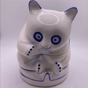 Vintage Nancy Lopez Pandemonium Pottery Blue White Lidded Trinket Jar Dish. 1981